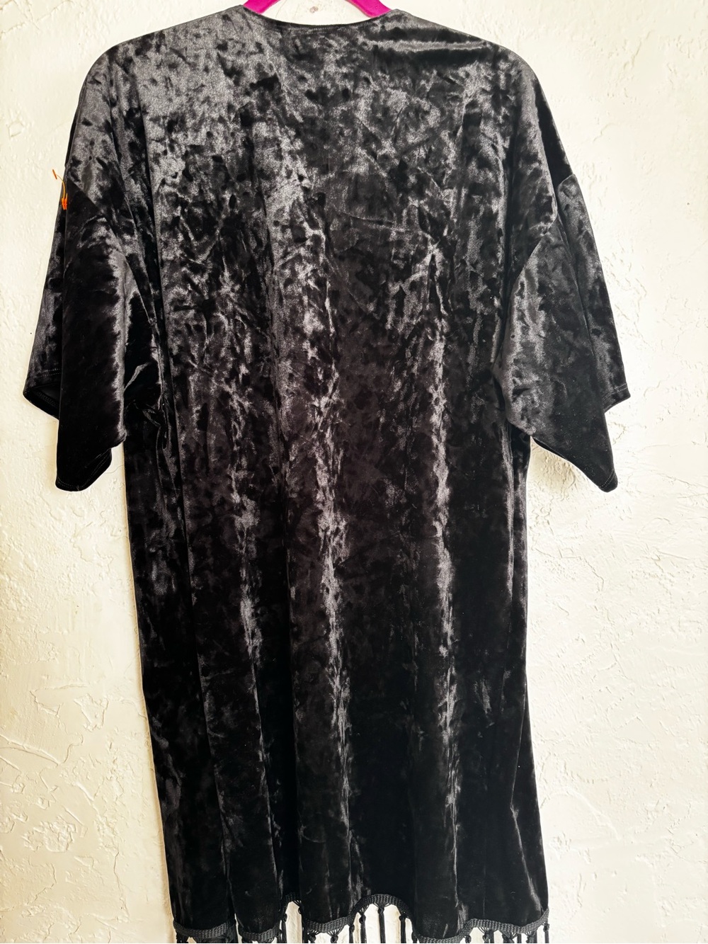 Black Crushed Velvet Fringe Kimono Cardigan Western Boho Festival Duster M - Picture 3 of 8